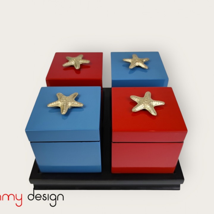 Set of 4 red/blue square boxes 9 cm with starfish knob on lid included with stand